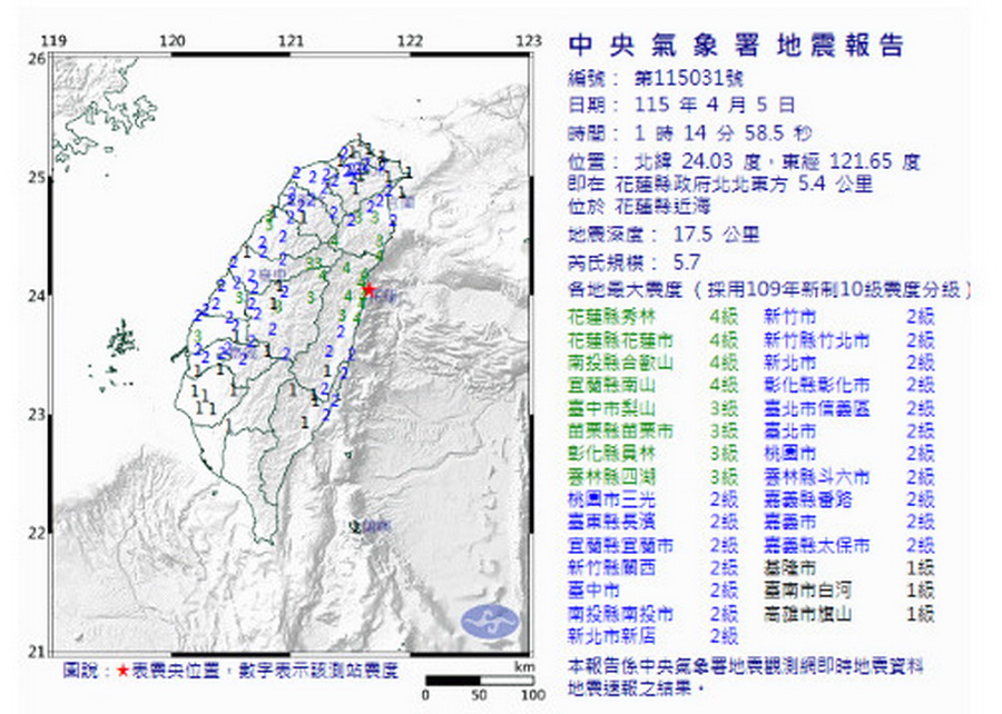 0405凌晨有感地震 震央在花蓮近海 最大震度4級