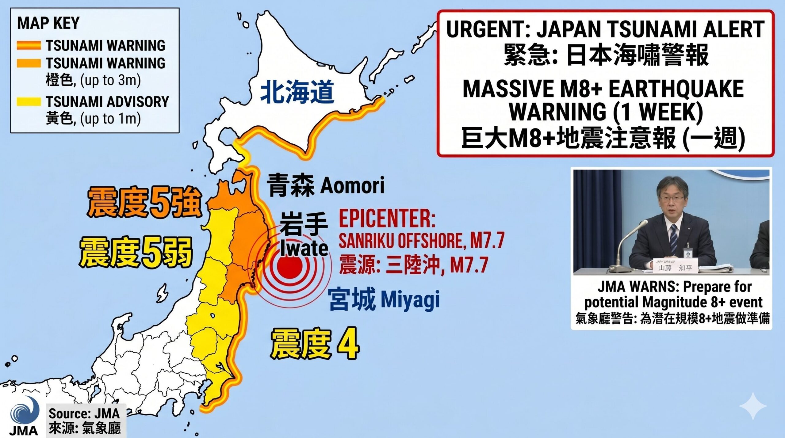 日本東北 7.7 強震引發海嘯，官方罕見發布「M8 巨大地震」週預警